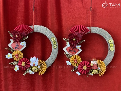 Vòng treo cửa Tết vải bố quạt xếp Mèo Thần Tài [2 Kiểu] ĐK 35cm VTC-T-48